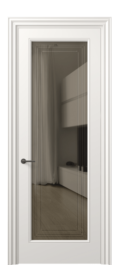 Межкомнатная дверь Маскот 8400 Матовый пудровый белый Прозрачное бронзовое стекло с гравировкой "Грани", триплекс Цена 85899 ₽ | Volhovec