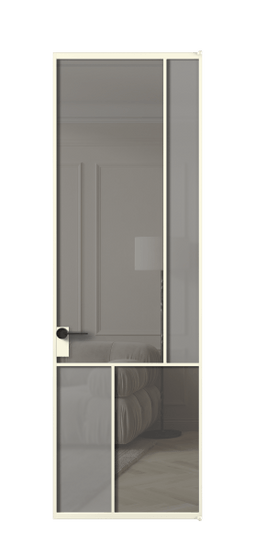 Дверь межкомнатная АЛПЛ041.21 АМБ Серый сатин матовое + Серый прозрачное. Цвет Алюминий молочно-белый. Материал Алюминий в эмали. Коллекция Мозаик. Картинка.