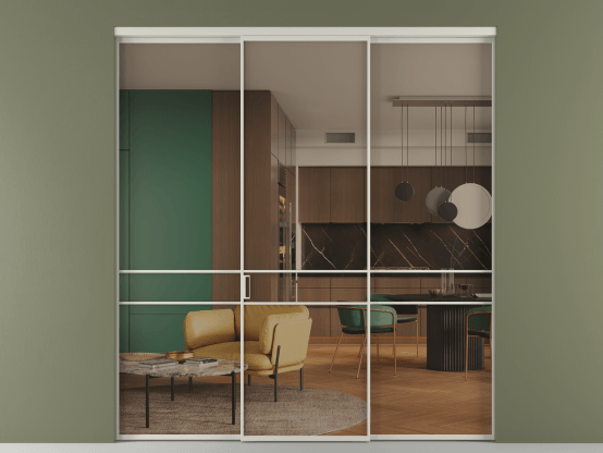 Алюминевая перегородка vn1+2_02_ Алюминий тёплый серый Бронза прозрачное. Цвет Алюминий тёплый серый. Материал Алюминий в эмали. Коллекция Перегородка Формато внутри проёма 3 створки. Картинка.