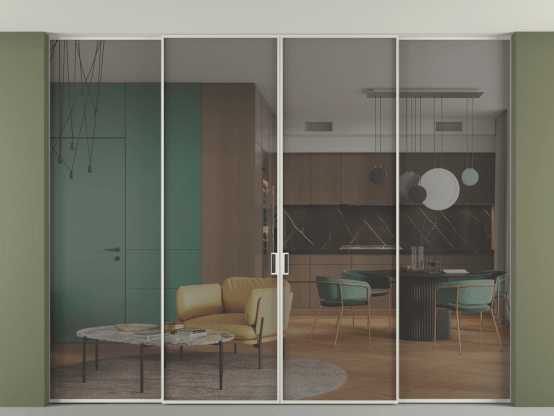 Алюминевая перегородка p2+2_01 Серый триплекс БЕЛ. Цвет Алюминий Белый. Материал Алюминий. Коллекция Перегородка Формато внутри проёма скрытое крепление в потолок 4 створки. Картинка.