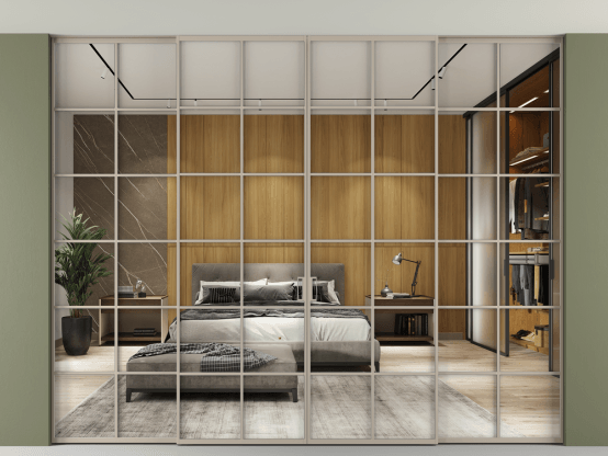 Алюминевая перегородка АЛПР 040.05_АБСК_Зеркало триплекс_new. Цвет Алюминий бисквитный. Материал Алюминий в эмали. Коллекция Перегородка Формато внутри проёма скрытое крепление в потолок 4 створки. Картинка.