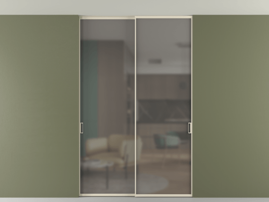 Алюминевая перегородка vn2_01 Алюминий бежево-серый Серый сатин матовое. Цвет Алюминий бежево-серый. Материал Алюминий в эмали. Коллекция Перегородка Формато внутри проёма скрытое крепление в потолок 2 створки. Картинка.