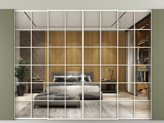 Алюминевая перегородка vn2+2_05 Алюминий пудровый белый Двустороннее зеркало. Цвет Алюминий пудровый белый. Материал Алюминий в эмали. Коллекция Перегородка Формато внутри проёма скрытое крепление в потолок 4 створки. Картинка.